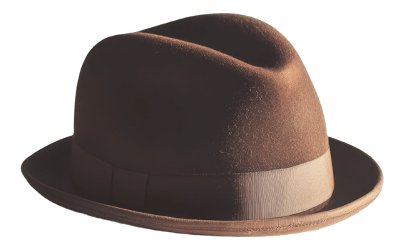 A classic brown fedora hat with a sleek design and satin band, cut out - stock . png