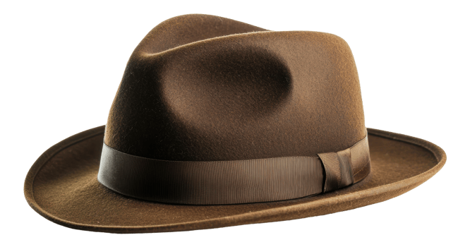 Classic brown fedora hat with a wide brim and ribbon band, cut out - stock . png