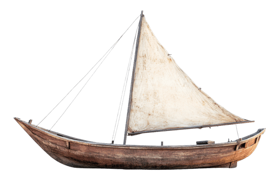 Traditional sailing boat with a white sail docked, cut out - stock . png