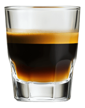 Layered espresso shot served in a clear glass with rich crema, cut out - stock . png
