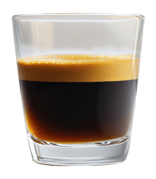 Richly layered espresso served in a clear glass, cut out - stock . png
