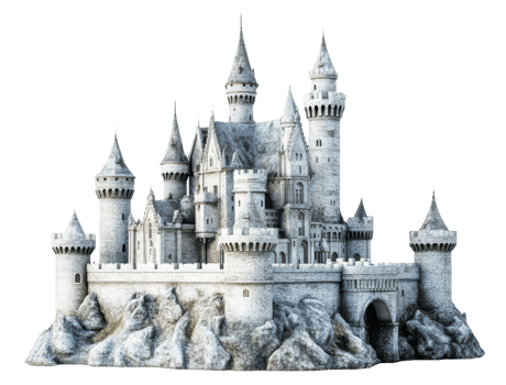 A majestic medieval castle on rocky terrain with multiple towers and an entrance bridge, cut out - stock . png