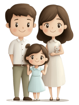 Family portrait of parents with daughter holding a toy, standing together in a cheerful pose, cut out - stock . png