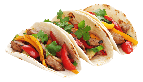 Delicious steak tacos topped with bell peppers and cilantro, cut out - stock . png