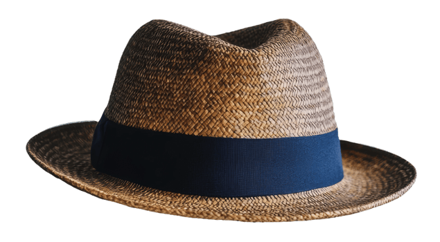 A stylish straw hat with a blue band, ideal for summer outings or beach days, cut out - stock . png
