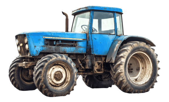 Old blue tractor parked in a rural field during the day, cut out - stock . png