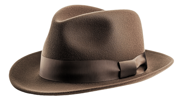 Classic brown fedora hat with a satin band, cut out - stock . png