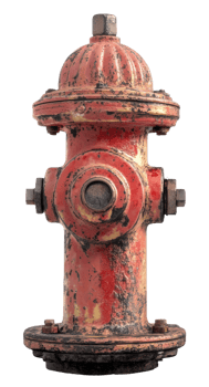Old red fire hydrant displaying signs of wear and tear in a city environment, cut out - stock . png