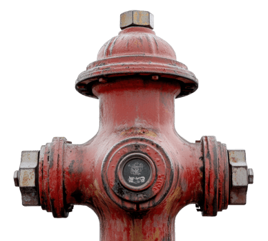 Red fire hydrant with a weathered appearance in a urban setting, cut out - stock . png