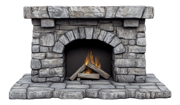 Stone fireplace with a lit fire creating a warm ambiance in a cozy indoor setting, cut out - stock . png