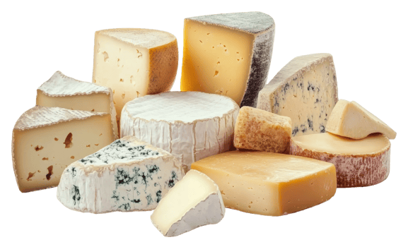 A variety of artisanal cheeses, showcasing different textures and colors at an artisanal market, cut out - stock . png