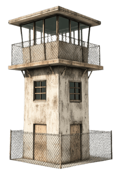 Old watchtower near a fenced perimeter, cut out - stock . png