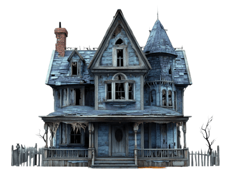 Abandoned blue house with broken windows and fence, cut out - stock . png