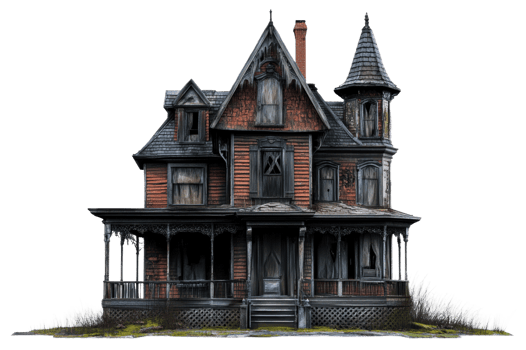 Old Victorian house with a gothic style in autumn, cut out - stock . png