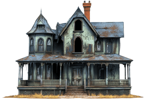Abandoned Victorian house in disrepair at dusk, cut out - stock . png