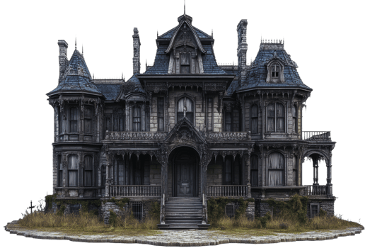 Abandoned house in a barren landscape, cut out - stock . png