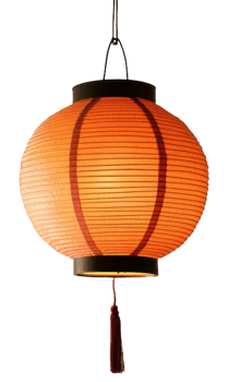 Hanging orange lantern with black accents indoors, cut out - stock . png