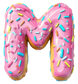 Colorful sprinkles on a pink letter M decoration, cut out - stock . png