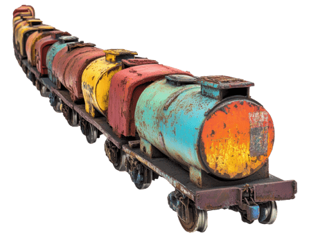 Colorful vintage train cars on a track, cut out - stock . png