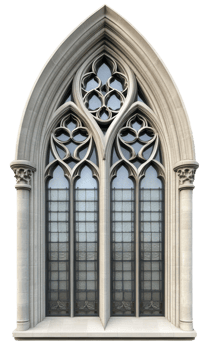 Gothic arched window with intricate designs, cut out - stock . png