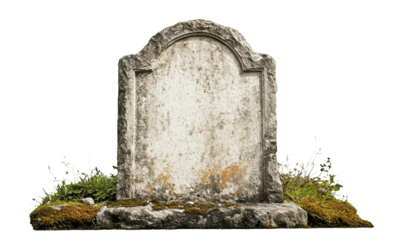 Weathered gravestone surrounded by overgrown grass, cut out - stock . png