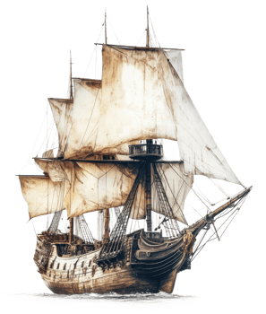 Historic sailing ship with billowing sails at sea, cut out - stock . png