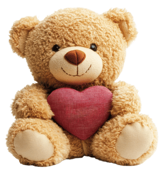 Cute teddy bear holding a heart, indoor setting, cut out - stock . png