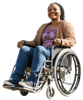 Young woman enjoying a sunny day in a wheelchair, cut out - stock . png