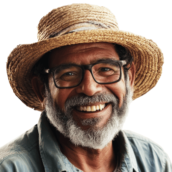 Smiling farmer wearing a straw hat in sunlight, cut out - stock . png