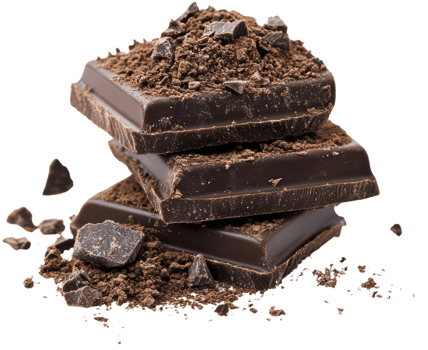Dark chocolate pieces with cocoa powder, cut out - stock . png