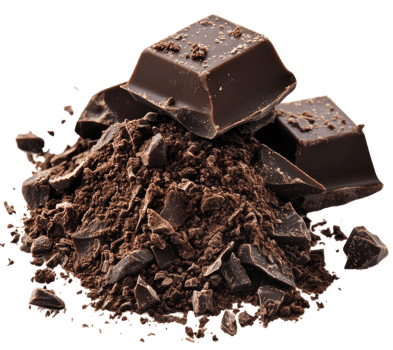 Dark chocolate pieces on cocoa powder mound, cut out - stock . png