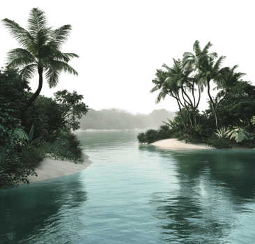 Tranquil river at dawn surrounded by lush foliage, cut out - stock . png