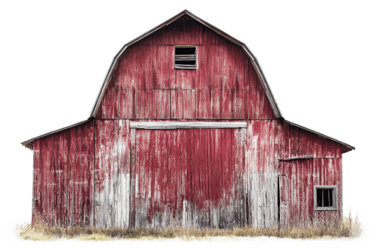 Old red barn surrounded by grass at midday, cut out - stock . png