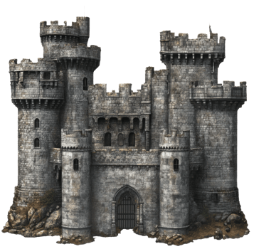 Medieval stone castle with towers and walls, cut out - stock . png
