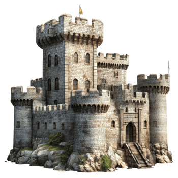 Medieval stone castle on rocky terrain, cut out - stock . png