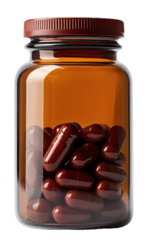 Brown bottle filled with red capsules on a shelf, cut out - stock . png
