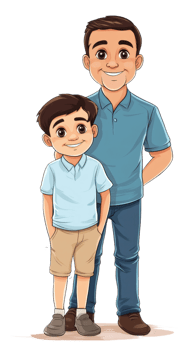 Father and son standing together in casual attire, cut out - stock . png