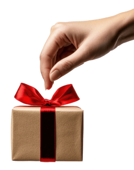 Person placing a gift on a wrapped box, cut out - stock . png