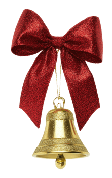 Gold bell ornament with red glittery bow, cut out - stock . png