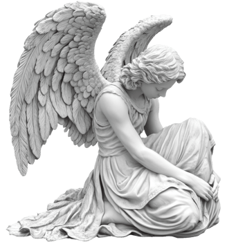 Grieving angel sculpture in white marble, cut out - stock . png