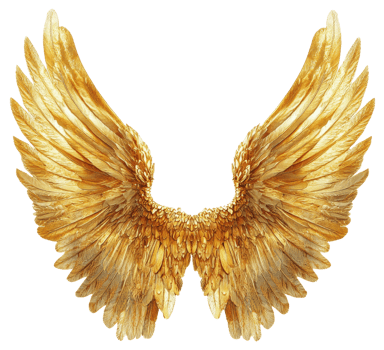 Golden angel wings displaying intricate details, cut out - stock . png