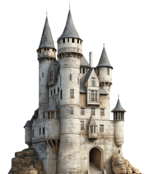 Fantasy castle with towers on a rocky base, cut out - stock . png