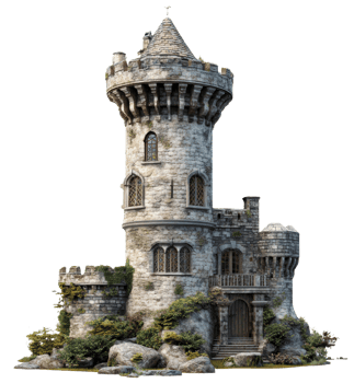 Medieval stone tower surrounded by greenery, cut out - stock . png