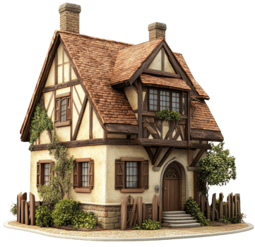 Charming cottage with rustic wooden features, cut out - stock . png