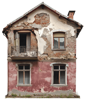 Abandoned building with peeling paint in daylight, cut out - stock . png