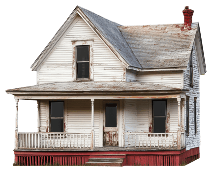 Abandoned wooden house in rural setting, cut out - stock . png