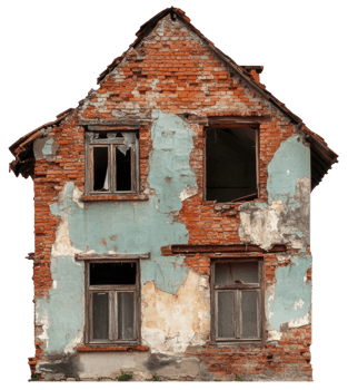 Old brick house with peeling paint, cut out - stock . png