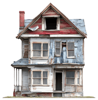 Abandoned wooden house with weathered exterior, cut out - stock . png