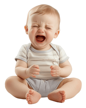 Baby crying while sitting on the floor at home, cut out - stock . png