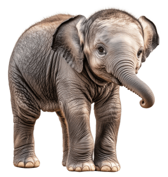Baby elephant standing in a playful stance, cut out - stock . png